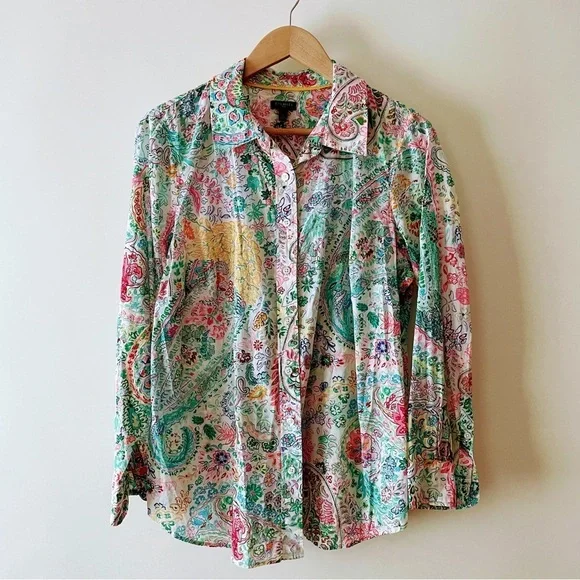 Talbots Pink & Green Paisley Floral Button Down Collared Cotton Shirt Size X - Picture 2 of 14